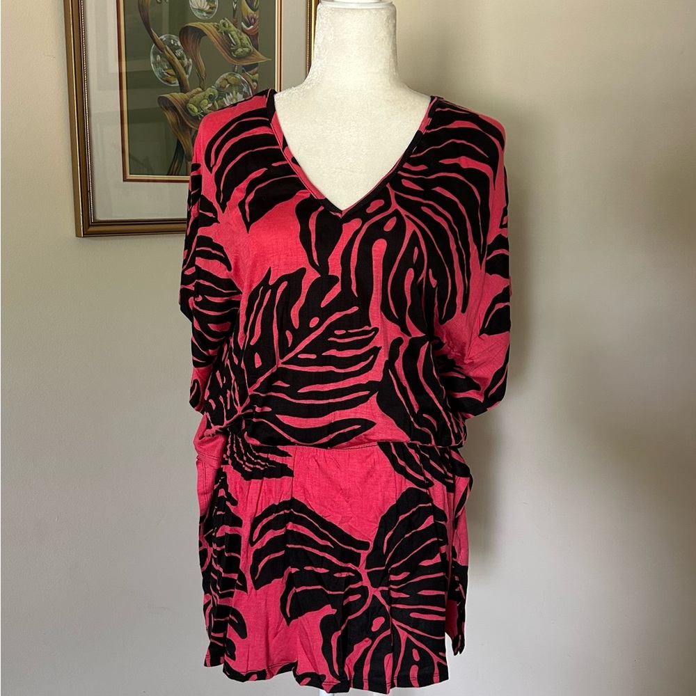 Pink and Black Leaf Print Dress / Cover Up